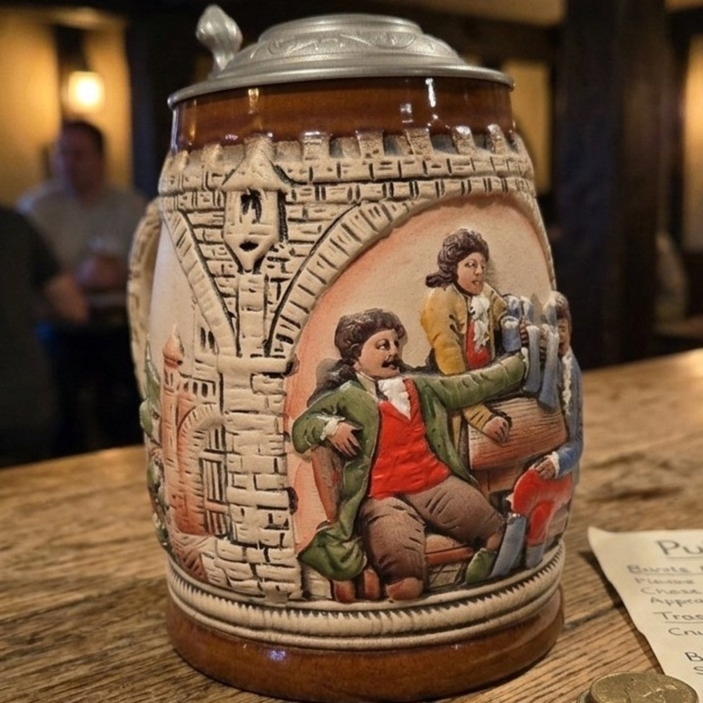 Vintage MR West Germany Beer Stein Tavern‎ Scene Relief Ceramic Pewter Lid 6.5in